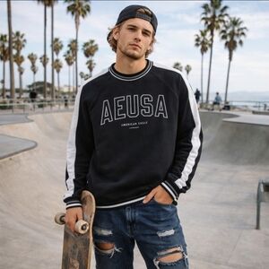 American Eagle AEUSA Black/ Silver/White Reflective Graphic Sweatshirt Sz L